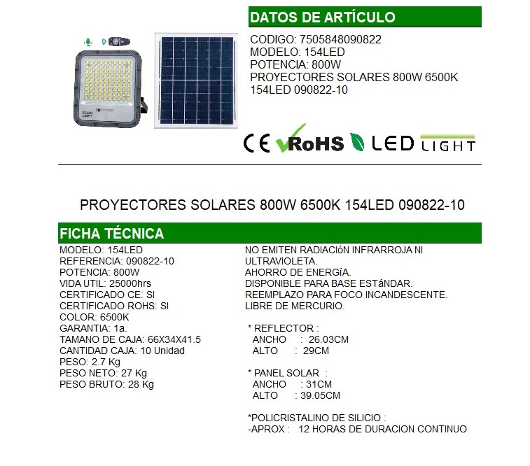 REFLECTOR 800W DE ALUMINIO CON PANEL SOLAR |090822-10|