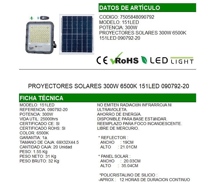 REFLECTOR 300W DE ALUMINIO CON PANEL SOLAR |090792-20| 