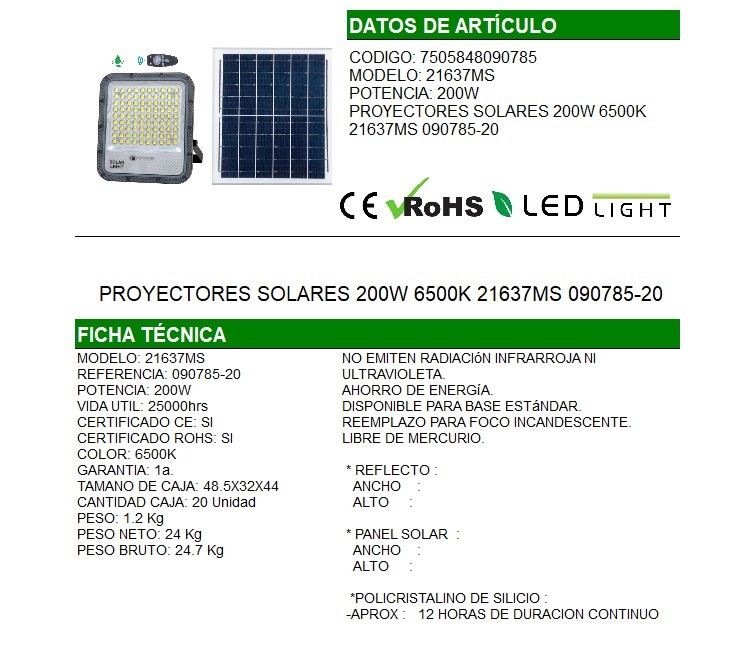 REFLECTOR 200W DE ALUMINIO CON PANEL SOLAR |090785-20|  