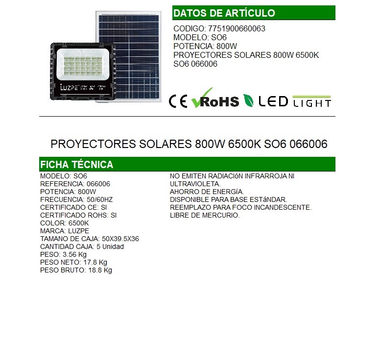 REFLECTOR 800W CON PANEL SOLAR  |066006|