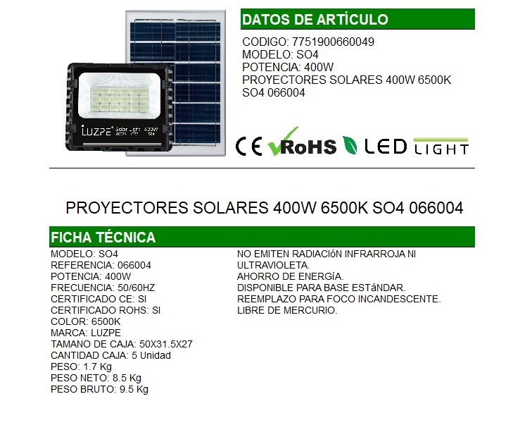 REFLECTOR 400W CON PANEL SOLAR  |066004|