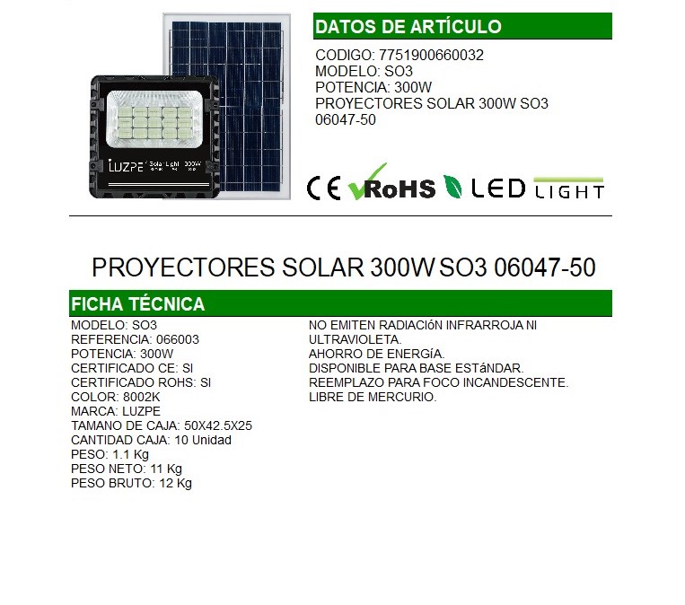 REFLECTOR 300W CON PANEL SOLAR  |066003| 