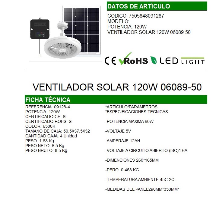 VENTILADOR Y LUZ SOLAR 120W |06089-50|