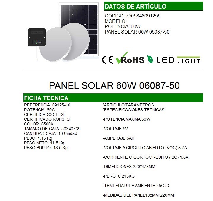 KIT 2 LUCES 60W CON PANEL SOLAR |06087-50|