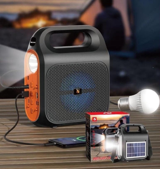 PARLANTE CON MICROFONO SOLAR , POWER BANK , LINTERNA Y FOCO