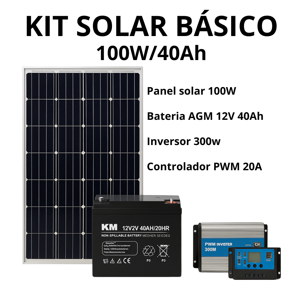 KIT SOLAR PANEL 100W + BATERIA AGM 40Ah + INVERSOR 300W + CONTROLADOR PWM 20A