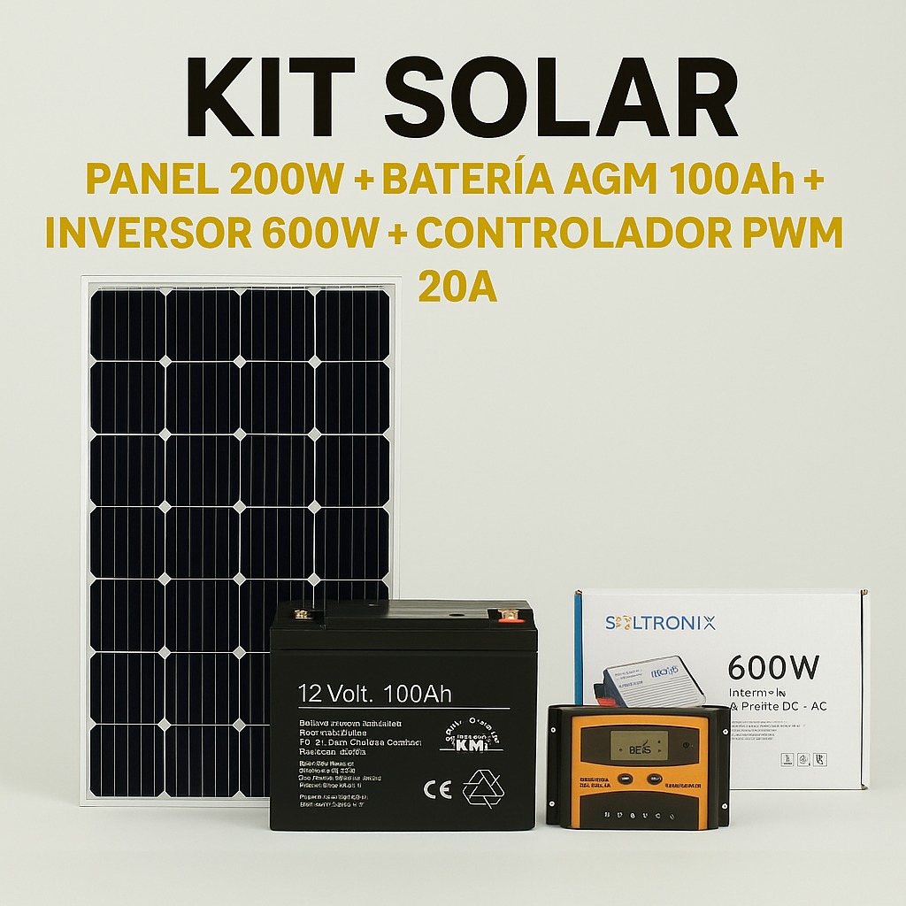 KIT SOLAR PANEL 200W + BATERIA AGM 100Ah + INVERSOR 600W + CONTROLADOR PWM 20A 