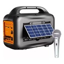 PARLANTE CON MICROFONO SOLAR , POWER BANK , LINTERNA Y FOCO